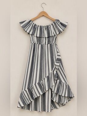 bailey blue Black & White Striped Off-Shoulder Ruffle Dress